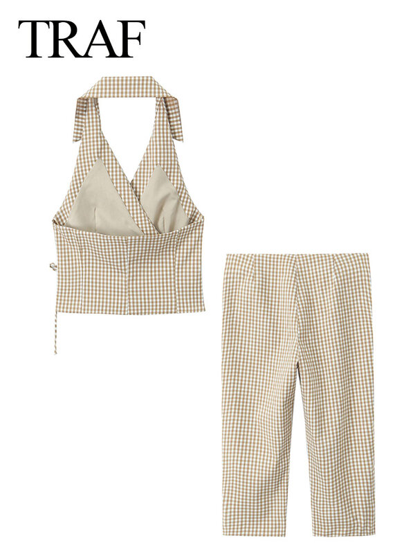 TRAF 여성용 체크 무늬 턴다운 칼라 민소매 세트, 백리스 레이스업 크롭탑 + 미드 웨이스트 포켓 무릎 길이 바지, 세련된 여름 패션