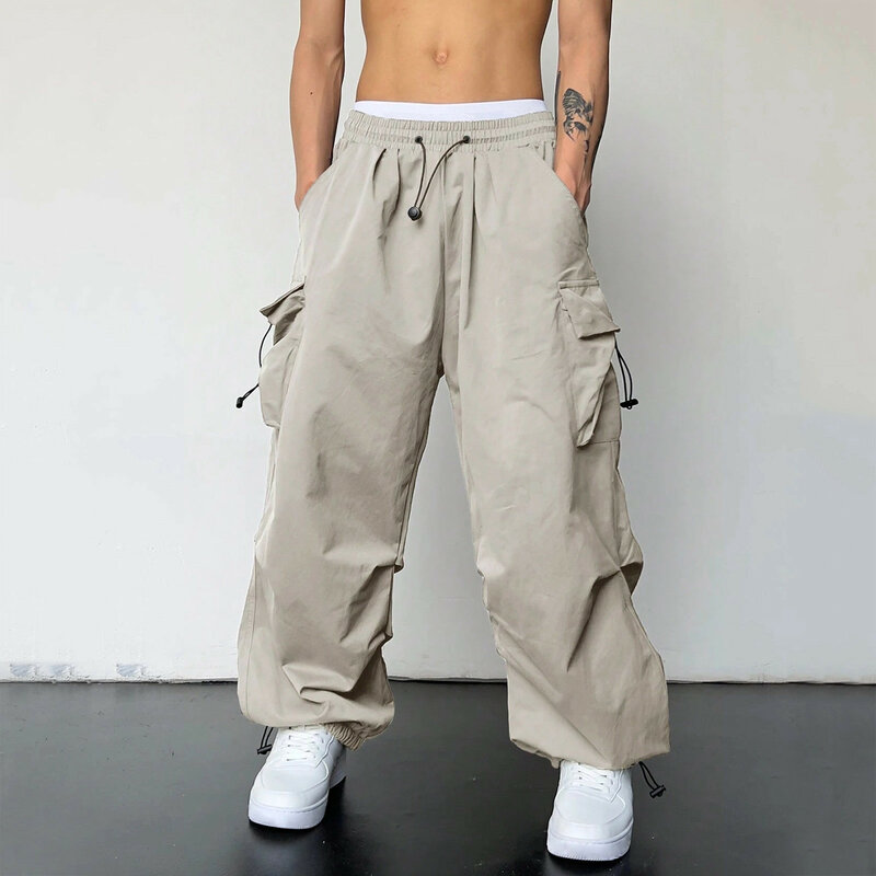 Pantalones Cargo Harajuku de gran tamaño para hombres, ropa de calle sólida, pantalones con múltiples bolsillos con solapa, pantalones casuales sueltos para exteriores, pantalones de gran tamaño Y2k