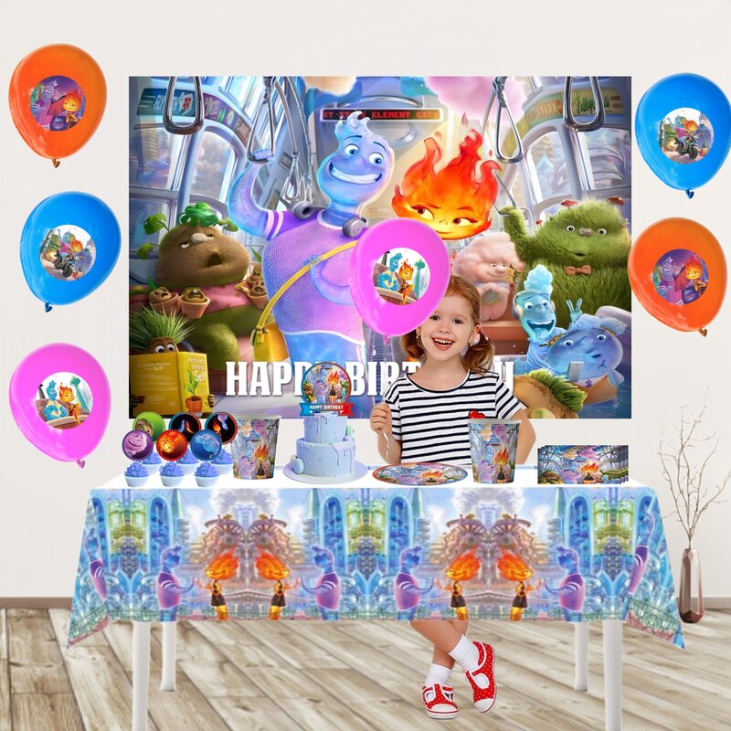 Peralatan makan dekorasi pesta ulang tahun Disney Elemental Set anak-anak balon spanduk taplak meja perlengkapan pesta anak-anak Baby Shower
