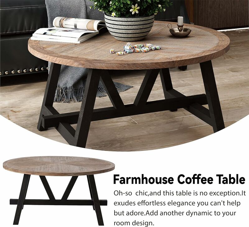 기하학적 베이스가있는 소박한 농가 커피 테이블, 프랑스 컨트리 악센트 테이블, 가족, 식사 또는 거실, 모던 라운드