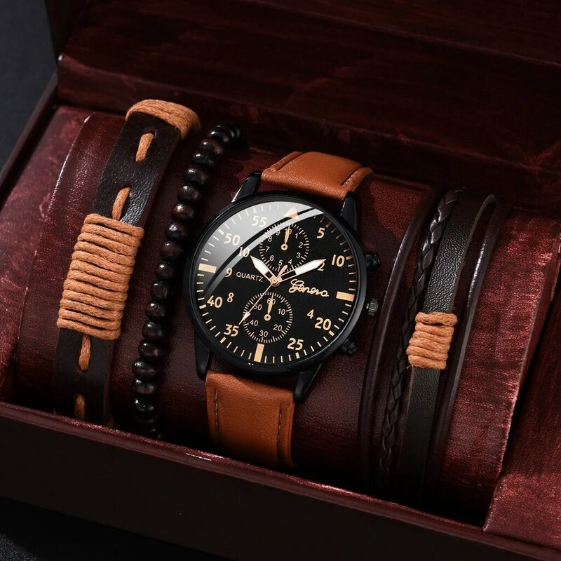 Kegllect-Conjunto de reloj con pulsera para hombre, pulsera de cuero informal, relojes de cuarzo