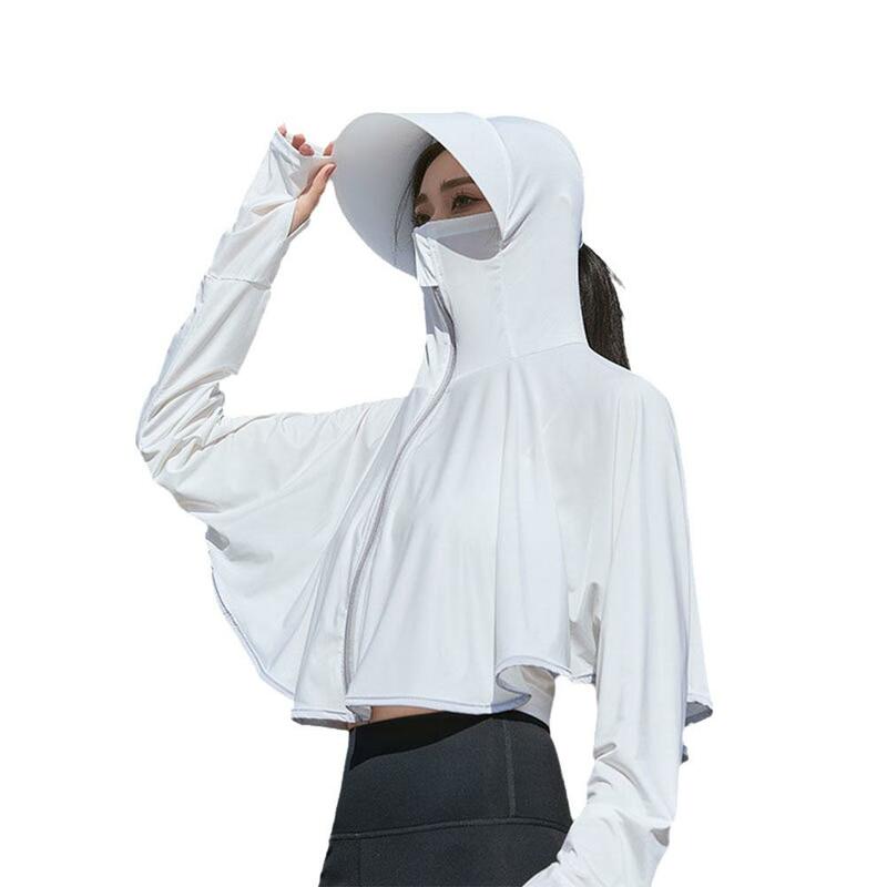 Ropa de protección solar de seda de hielo para mujer, camisa de manga larga con ala grande, Sudadera con capucha de Color, protección UV transpirable, ropa de Sol B0Y7