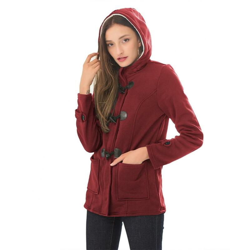 Abrigo de talla grande para mujer, chaquetas cálidas con hebilla de cuerno, ropa de manga larga con capucha, moda de invierno