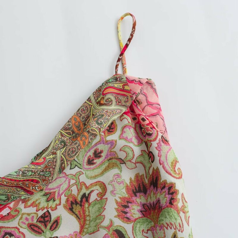 Damen Sommer neue Mode Patchwork Print Dekoration schlanke Hosenträger Midi Kleid Retro ärmellose rücken freie Damen kleid Mujer