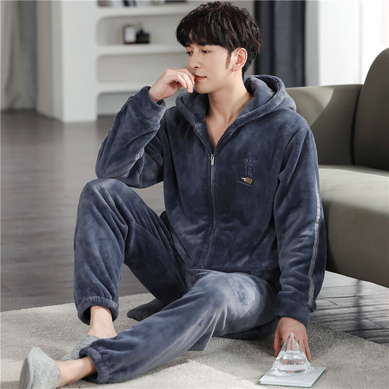 Pijama de flanela dupla face masculino de alta densidade, roupa de dormir quente, zíper solto, pijama grosso com capuz grande, 4XL, inverno