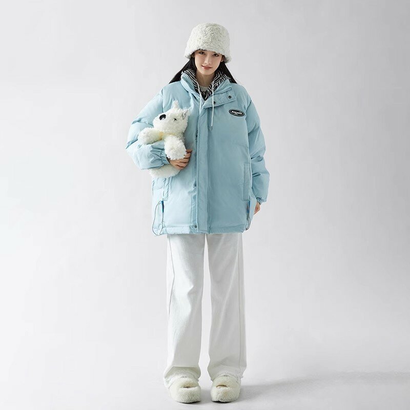 Jaqueta de algodão com gola e zíper para mulheres, outwear acolchoado à prova de vento, tops de lazer, roupas quentes, moda coreana, inverno