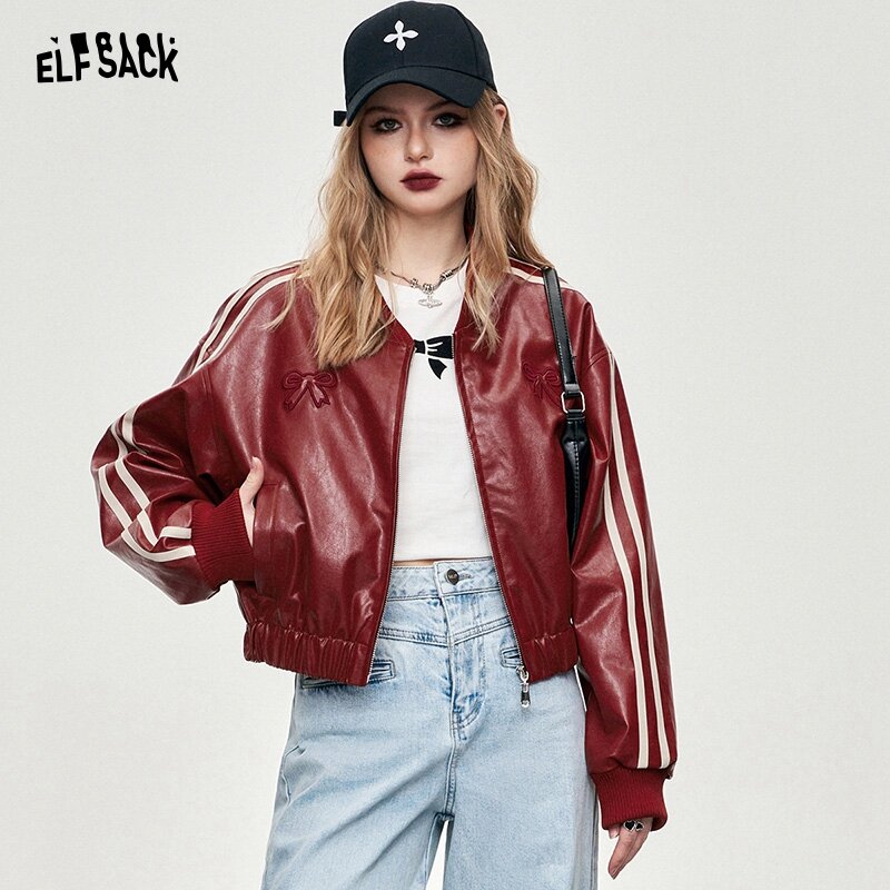 ELFSACK red bow leather street style coat for women 2024 spring academic style long sleeve pu leather cropped leather cool jacke