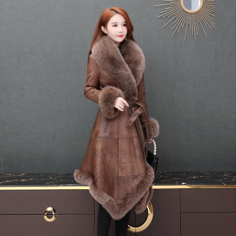 new 2023 Xiaohu sheep leather and all-in-one women's mid-length imitation wool fur coat winter