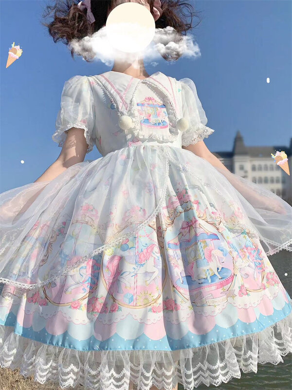 Japanische süße Lolita Kleid Karussell op Kurzarm Kleid Sommer Mädchen niedlichen Tee Party Frauen Harajuku Kawaii Chic Vestidos Kleid