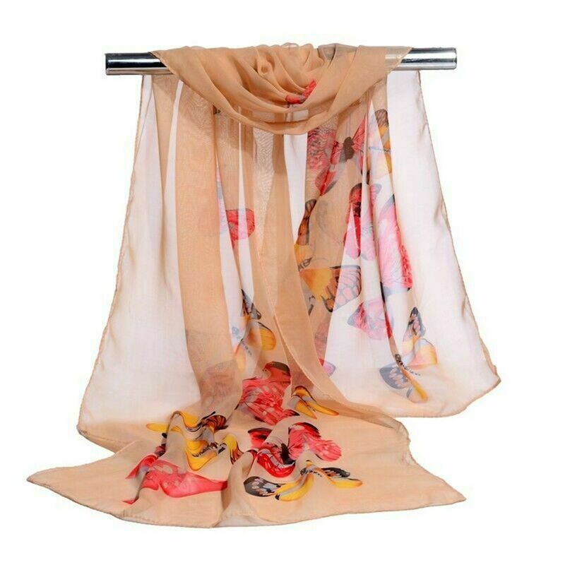 Hete Verkoop Mode Dame Lange Chiffon Sjaal Met Bloemenprint Zijden Vlinder