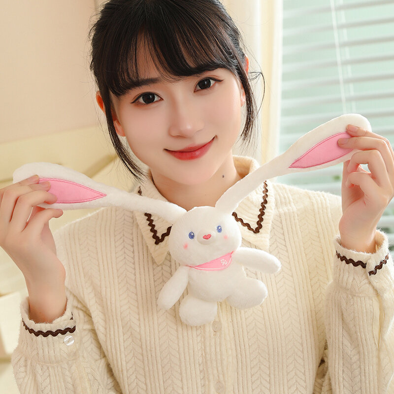 Mainan mewah kelinci telinga panjang imut 30CM boneka kelinci dapat ditarik lucu lembut dekorasi kamar Kawaii hadiah ulang tahun