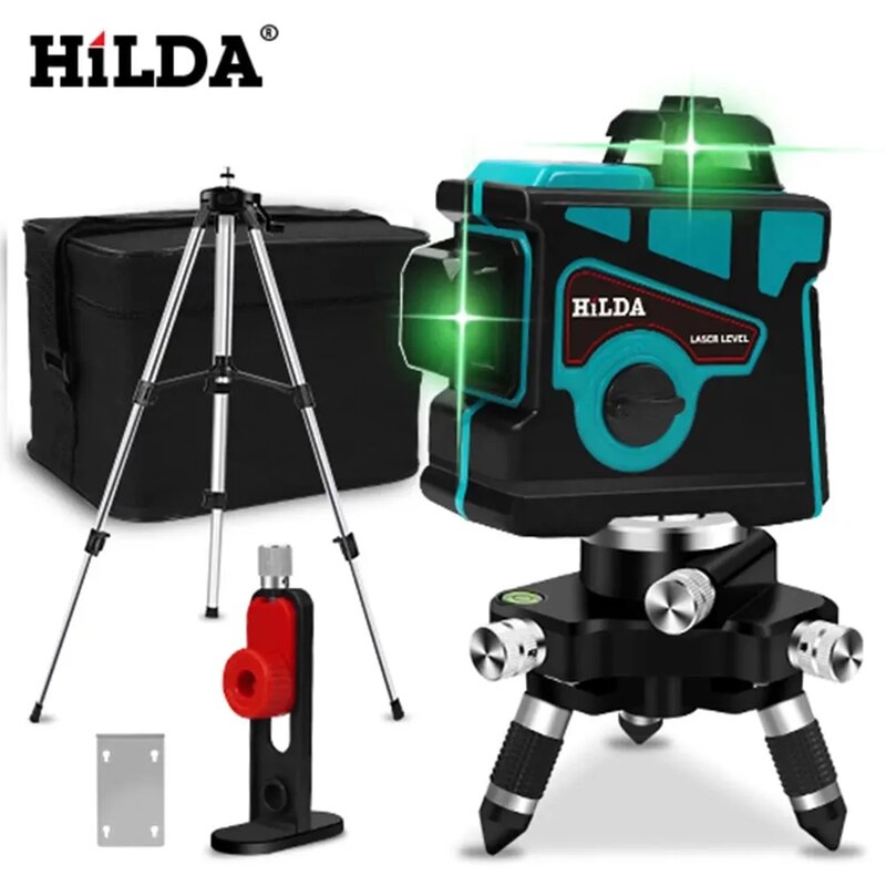 HILDA-Poziomica laserowa, 12 linii, pionowe i poziome, 3D, samopoziomująca, 360, „krzyżyk”, mocny, zielony laser