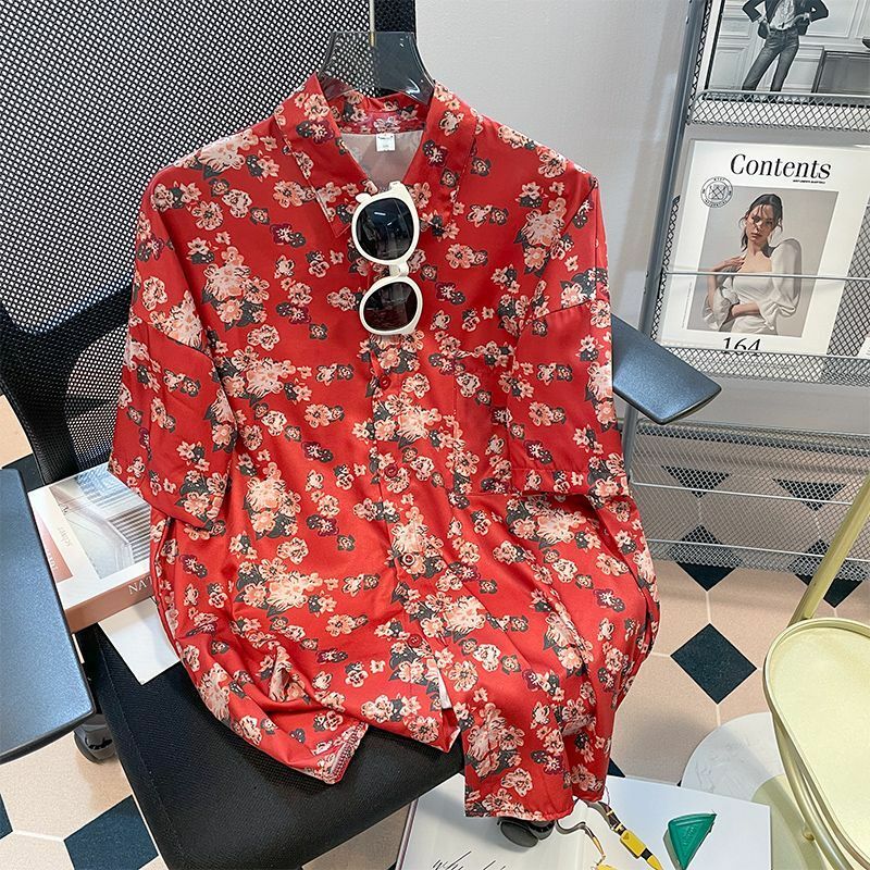 Blusa holgada de manga corta con estampado Floral para mujer, camisa informal con cuello tipo Polo, ropa Vintage a la moda, novedad de verano