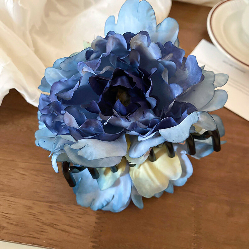 Clipe de cabelo flor grande azul com flâmulas bowknot para mulheres, grampo para meninas, acessórios de cabelo, primavera, verão, novo