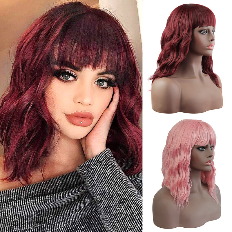 Fashion with Bangs Short Bob Hairstyle Curly Wig Natural Feeling Wavy Curly Ladies Wig for Woman Girls Daily Party Use