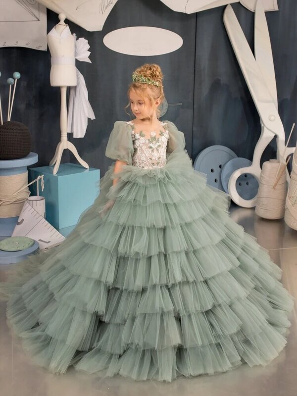 Kwiatowa sukienki dla dziewczynek zielona tiulowa biała figurka aplikacje warstwowe pół rękawa na wesele urodziny suknia księżniczki