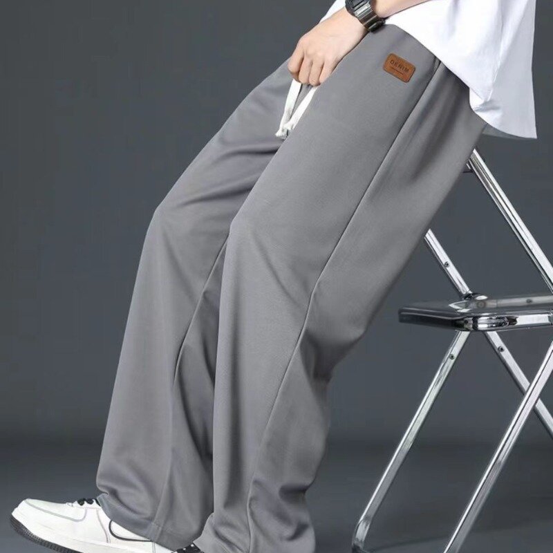 2024 New Trend Spring and Summer Solid Color Pocket Elastic Waist Drawstring Men's Ice Silk Thin Casual Loose Straight Leg Pants