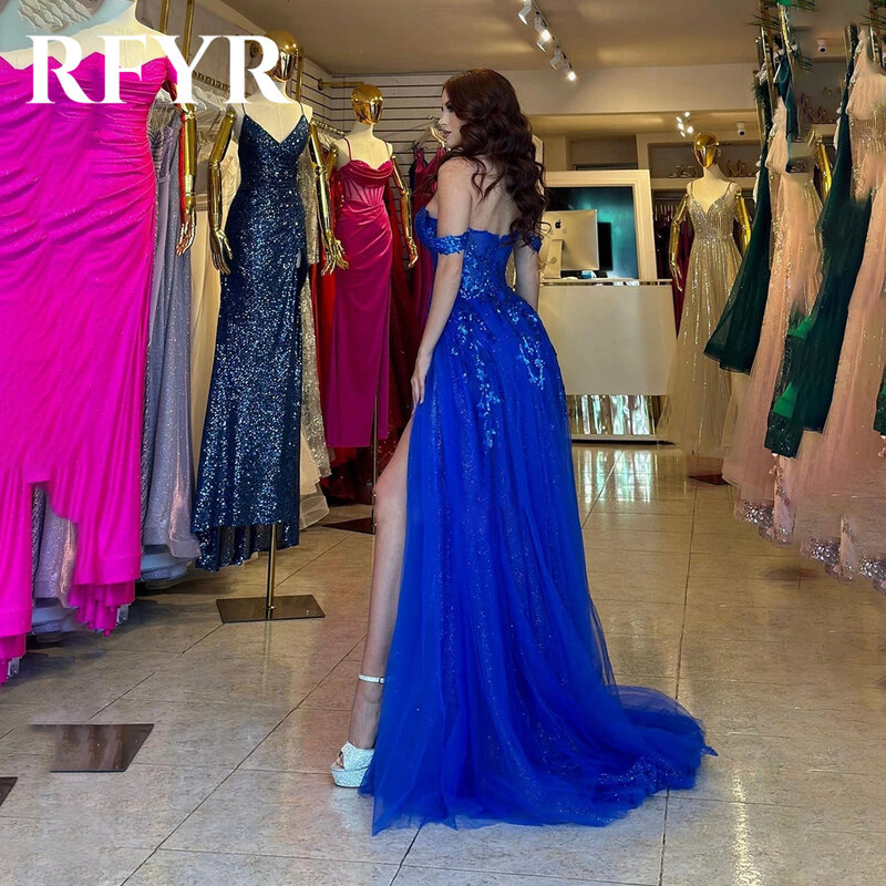 Rfyr ชุดเดรสงานพรอมสีฟ้าเปิดไหล่ผ้าบางเนื้อละเอียดปักกลิตเตอร์ชุดราตรีชุดเดรสเซ็กซี่ผ่าข้างสูง vestidos de Noche