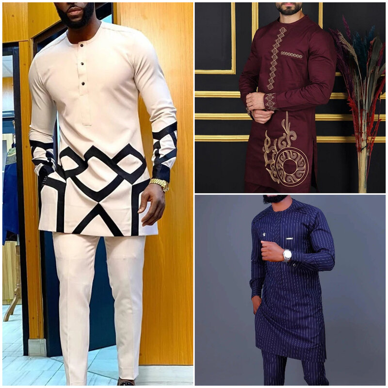 African Traditional Men Suit Printed Shirt Top Elastic Waist Pants White Wedding 2 Piece Set Outfits Ethnic Style Costumes