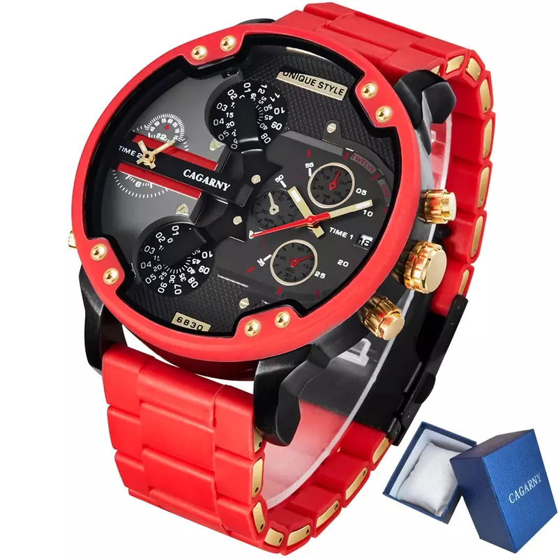 Orologio in oro da uomo di marca di lusso famoso Dual Time militare Relogio Masculino 57mm 3D grande cassa al quarzo orologi da uomo orologio maschile rosso