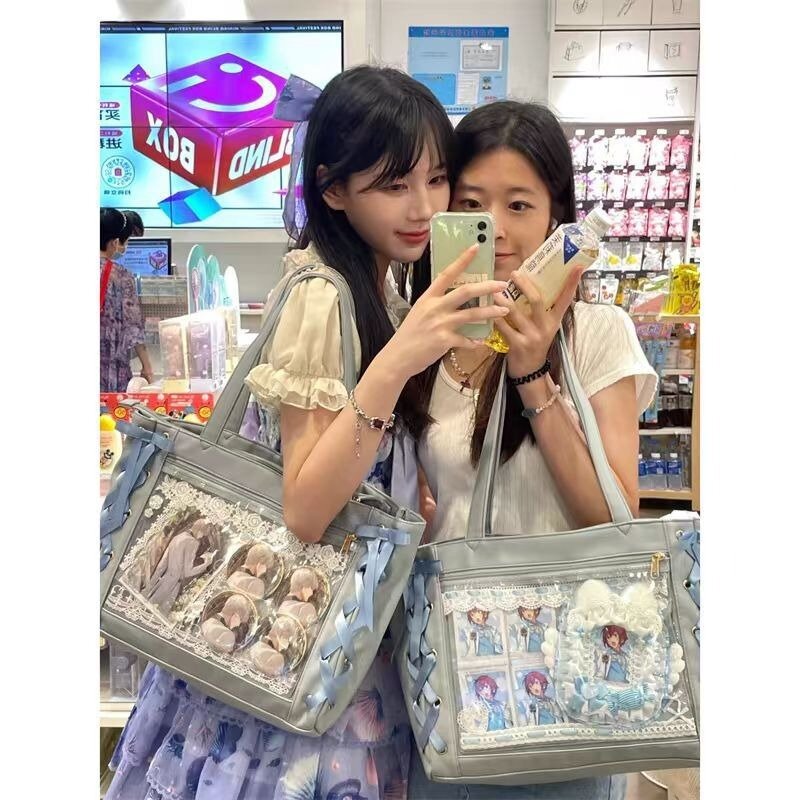 Xiuya blau Damen Umhängetasche Leder süß lolita jk elegant niedlich lässig ita Tasche japanischen Stil transparente Mode Handtasche