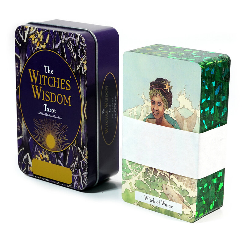 Baralho de Tarot Sabedoria das Bruxas em Caixa de Lata, Bordas Douradas Verdes, 10.3x6cm, 78 Cartas com Guia para Iniciantes