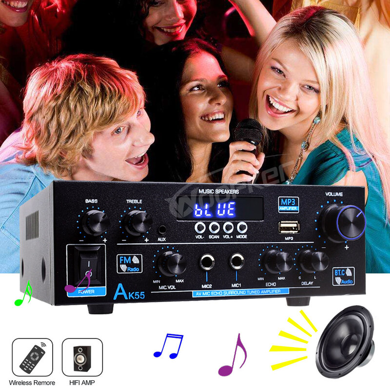Woopker ak55 hifi audio verstärker max 900w digital bluetooth amp rms 70w 70w kanal 2,0 unterstützt dual mic eingänge fm radio