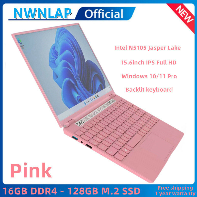 Różowy Intel Celeron N5105 Laptop 16GB RAM 128GB SSD 15.6 "IPS pełny ekran HD z podświetlana klawiatura komputer Windows 11 Notebook