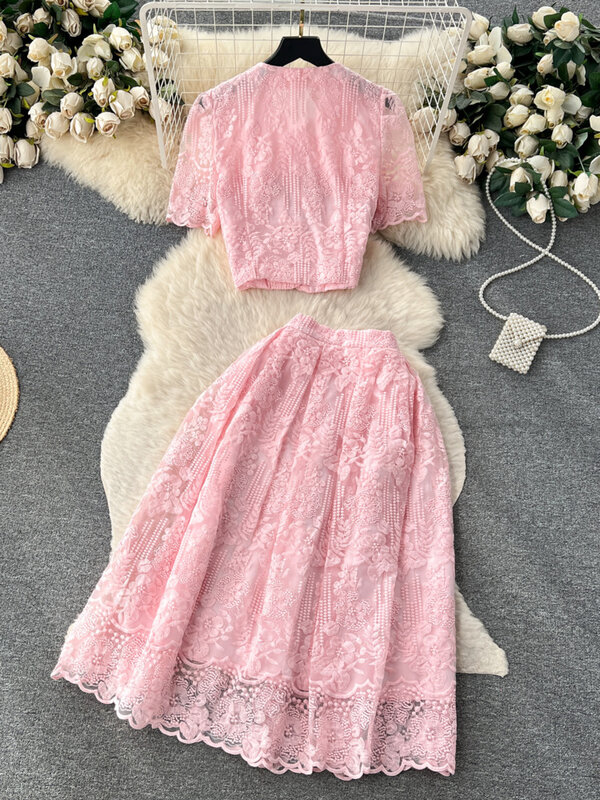 Summer Korean Small Fragrance Style Lace Set Two Piece Suit Lace Hook Flower Short Sleeve Shirt Tops Midi Skirt Women's Outfits