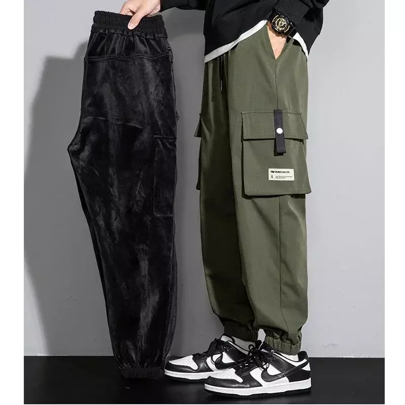 Men's Winter Print Cargo Pants Multifunctional Outdoor Windproof Polyester Pants Versatile Men's Warm Cuff Pants