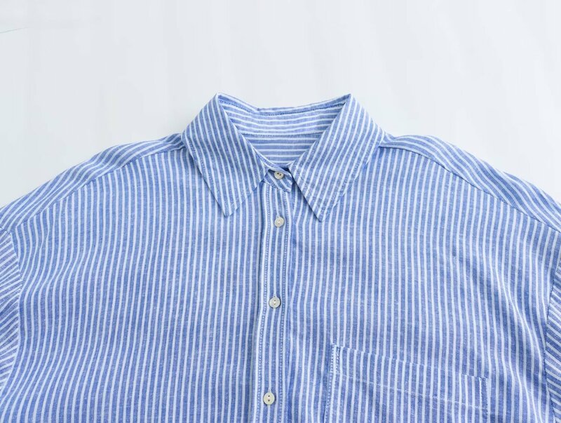 Camisa listrada de linho feminina, manga comprida retrô, botão em cima da blusa chique, decoração de bolso solta, nova moda, 2024
