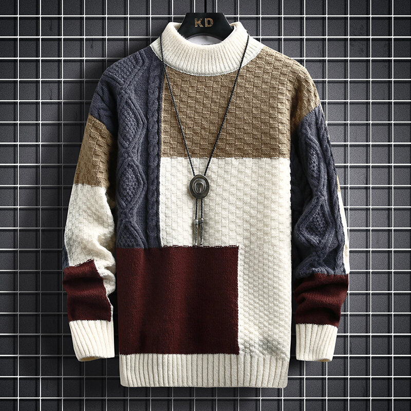 2023 Autumn Winter Men Sweater Warm Fashion Stitching Color Matching Pullover Round Neck Sweater Thickened Knitted Sweater S-3Xl