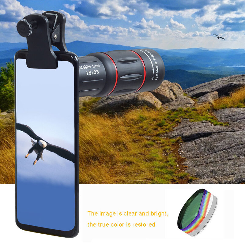 Teleskop fotografi telepon Mini 18x, lensa telefoto eksternal dapat diatur, perangkat pengamatan telepon pintar monokular luar ruangan