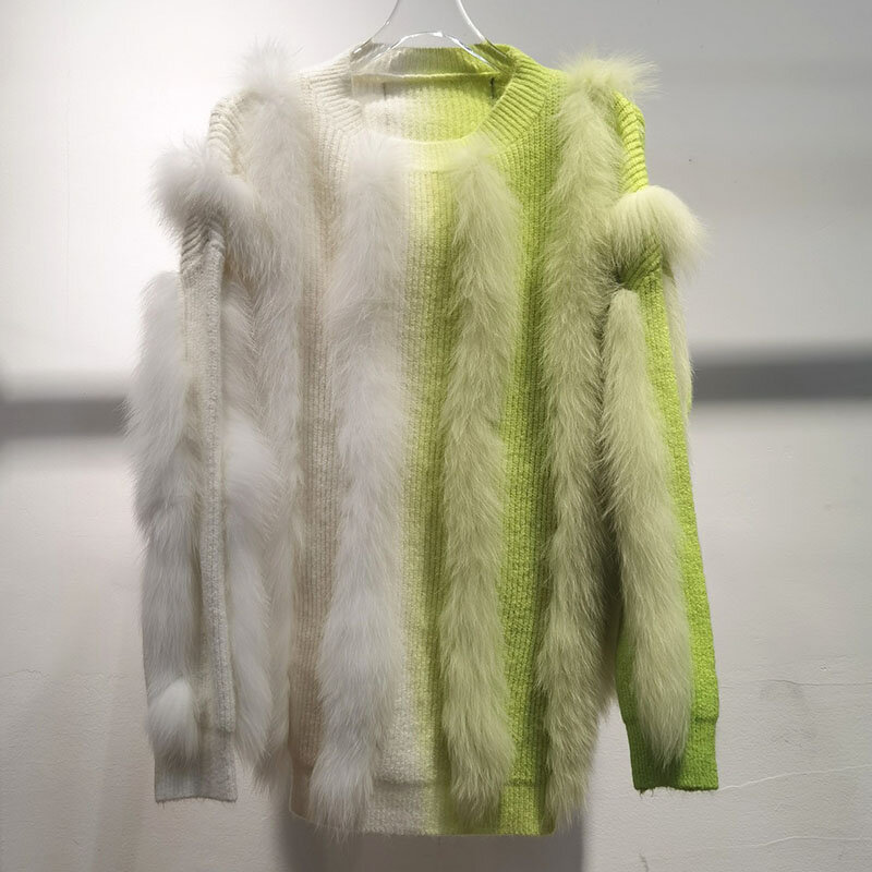 女性のためのキツネの毛皮のコート,ゆったりとしたニット,高品質の冬のファッション
