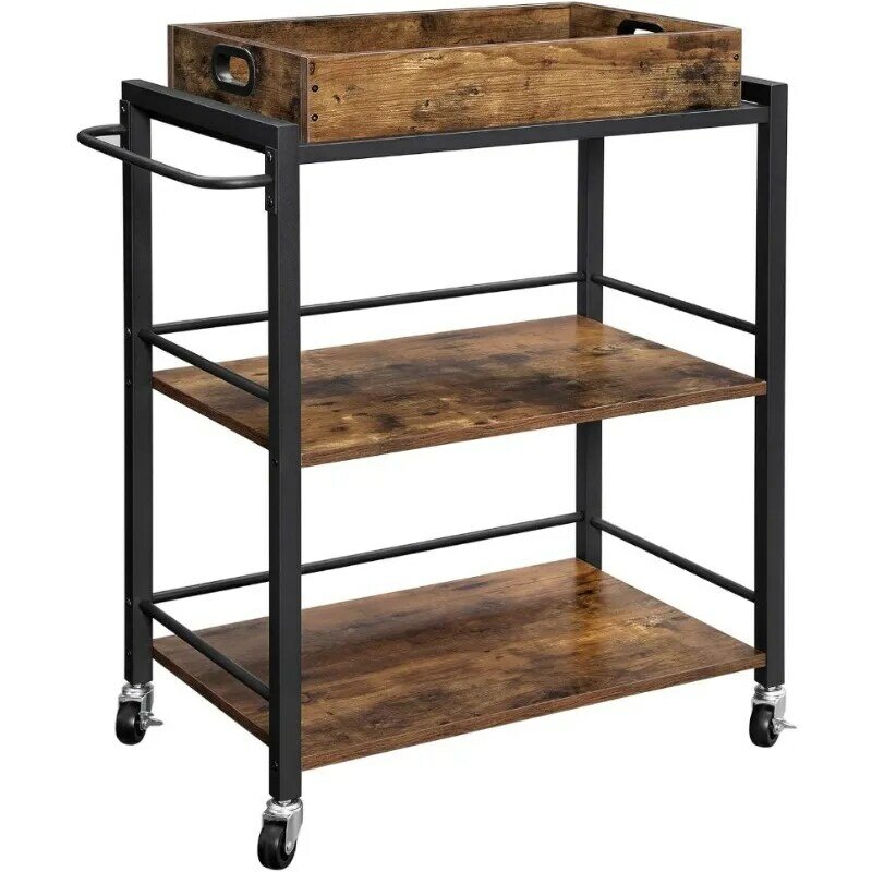 Industrial Bar Cart, Serving Cart with Wheels and Handle, 3-Tier Beverage Cart with Removable Tray and Storage Shelves
