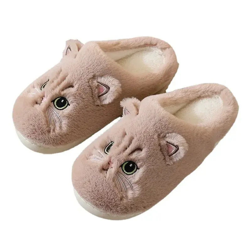 푹신한 모피 여성 홈 플랫폼 슬리퍼, 귀여운 고양이 슬리퍼, 겨울 플러시 슬라이드, 실내 푹신한 슬리퍼, 사랑스러운 코튼 신발