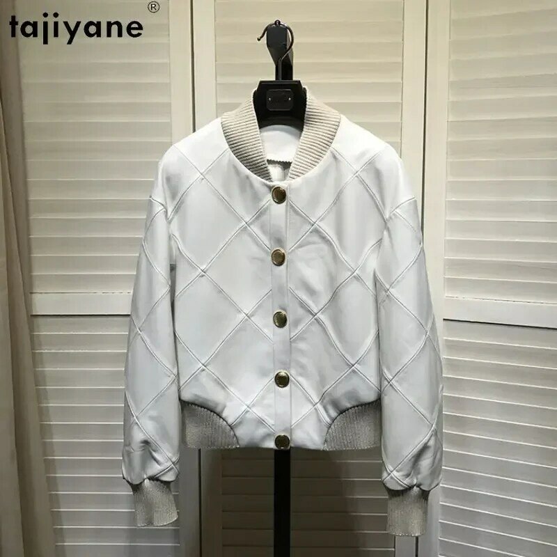 Tajiyane-jaqueta feminina de pele de carneiro genuína, casaco de beisebol casual curto, jaqueta de couro real, novo, 2023