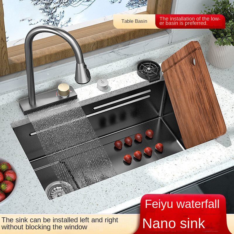 Fregadero de cascada Feiyu de acero inoxidable negro Nano, fregadero de cocina hecho a mano con una sola ranura grande para lavar verduras y platos