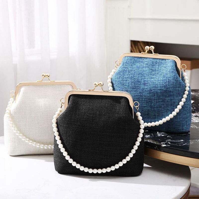 Bolso de concha con cadena de perlas, Mini bolso de lona de moda, bolso de hombro Diagonal para niñas