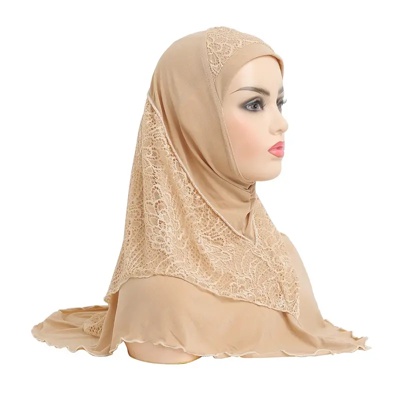 H126 High Quality Medium Size 70*60cm Muslim Amira Hijab with Lace Pull on Islamic Scarf Head Wrap Pray Scarves Women's Headwear