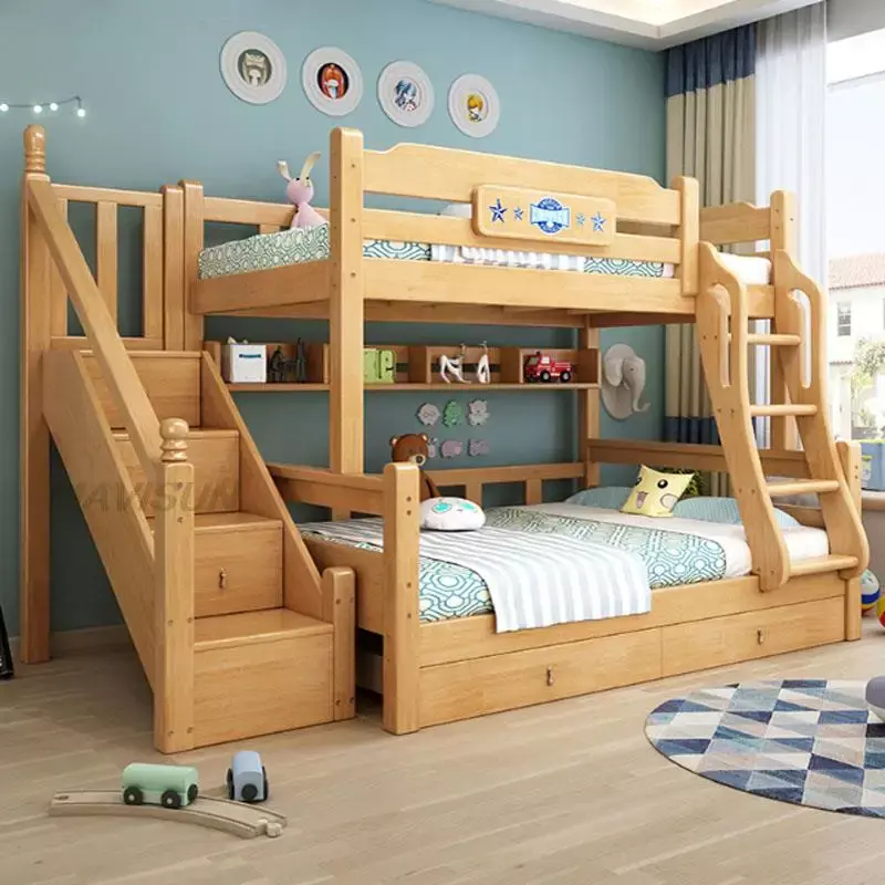 bed Simple Modern Child High And Low Bunk  For Boys And Girls With Solid Wood 1.2 Meter Small Apartment room Storage Furniture