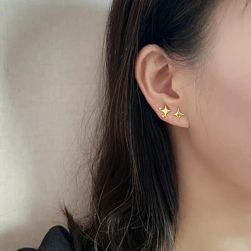 PANJBJ 925 Sterling Silver Korean Version of The Simple Four-pointed Star Personality Asymmetric Gold Earrings