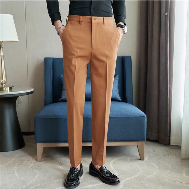 Мужские деловые брюки с вышивкой, облегающие офисные строгие брюки в Корейском стиле, высококачественные уличные брюки до щиколотки, лето 2024