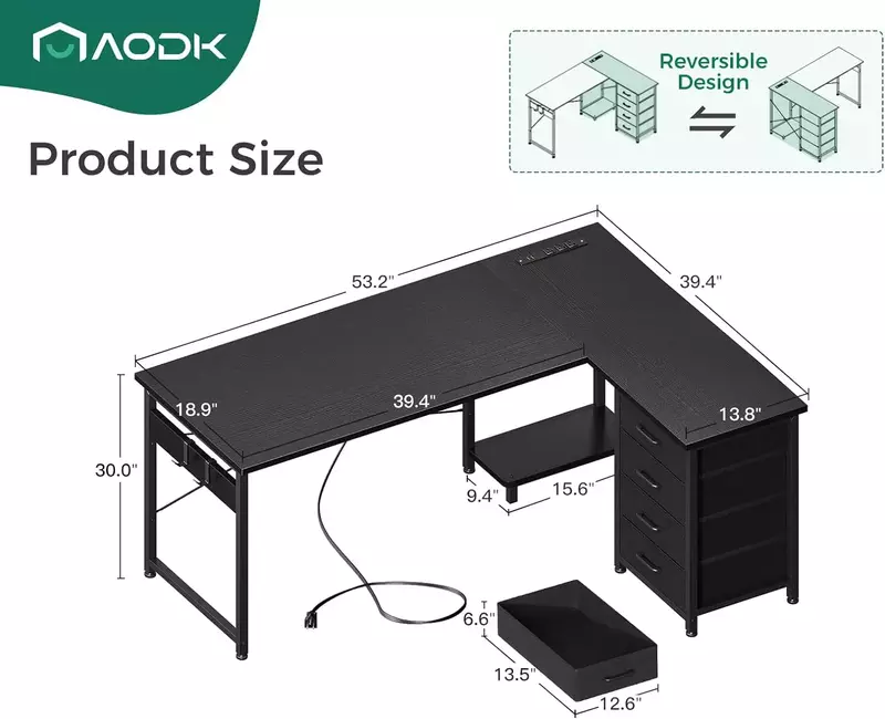 L Shaped Gaming Desk com Power Outlets, Computador Móveis Suprimentos, móveis reversíveis, 4 Tier Gavetas, 53"
