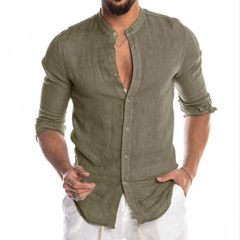 Рубашка мужская хлопково-льняная, однобортная мешковатая блузка с длинными рукавами, воротником-стойкой, на пуговицах, Однотонная футболка