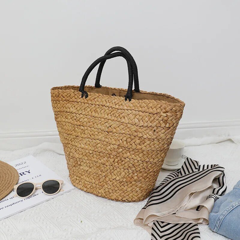 Bolso de paja de trigo decorado con correas Retro, bolso de viaje para playa, nuevo estilo