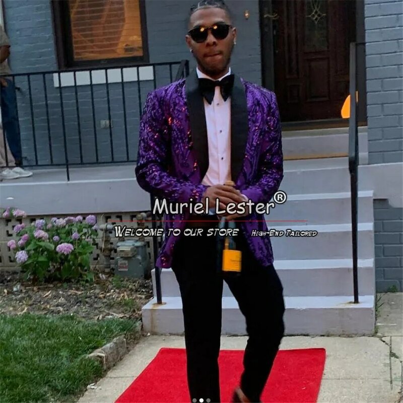 Unique Sparkly Suits Men For Wedding Purple Single Breasted Jacket With Pants 2 Pieces Groom Tuxedos Tailor Made Business Dress