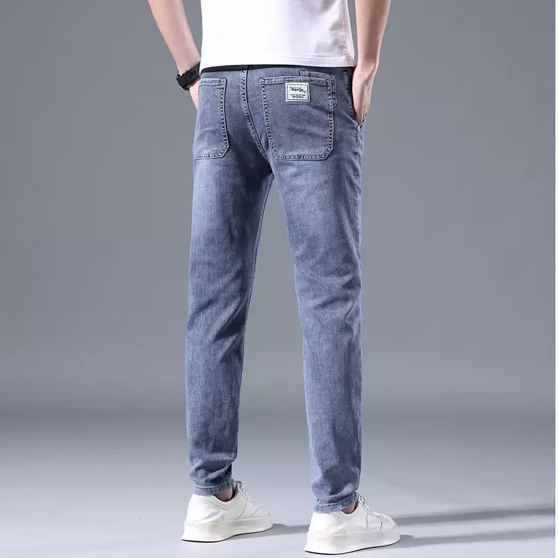Jeans stretch azul vintage masculino, estilo clássico, moda empresarial, tecido jeans, calças retas, calças de marca masculina, novo, primavera, 2023