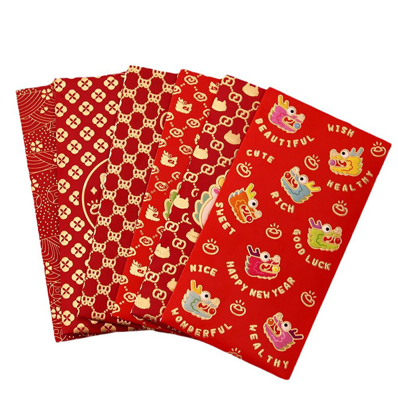 ซองจดหมายสีแดงนำโชคปีใหม่จีน6ชิ้นซองมังกรกระเป๋าเงิน2024ตรุษจีนของขวัญตกแต่งแบบดั้งเดิม
