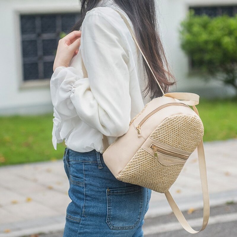Соломенная плетеная сумка на плечо, портативный легкий вместительный школьный ранец для студентов, женский рюкзак на молнии для отпуска